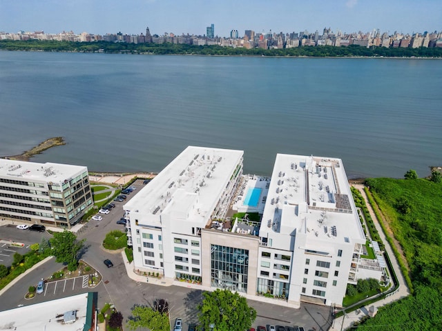 bird's eye view with a water view