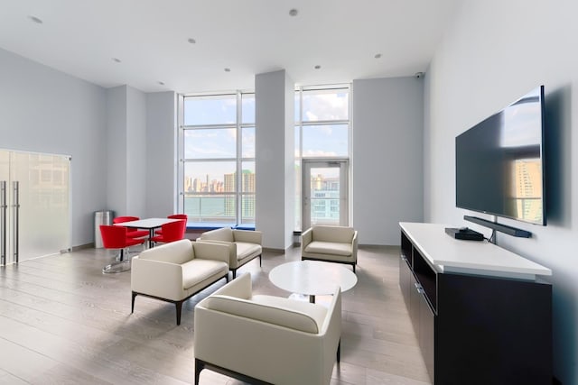 living area with light wood-style flooring and a wall of windows