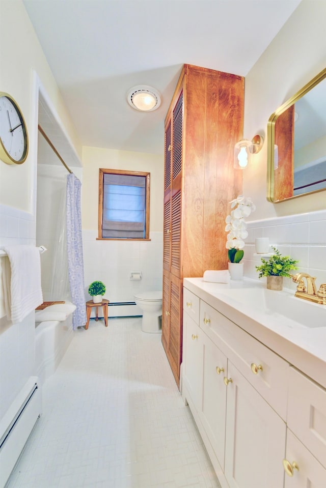 76 Central Ave, Secaucus, NJ 07094 - full bathroom with baseboard heating, tile walls, vanity, a wainscoted wall, and a shower with shower curtain