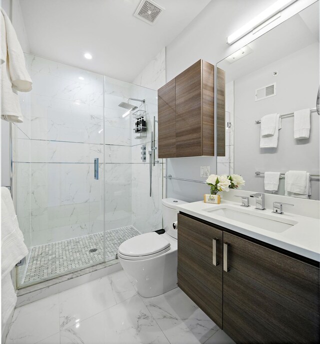 bathroom with visible vents, a marble finish shower, toilet, and marble finish floor