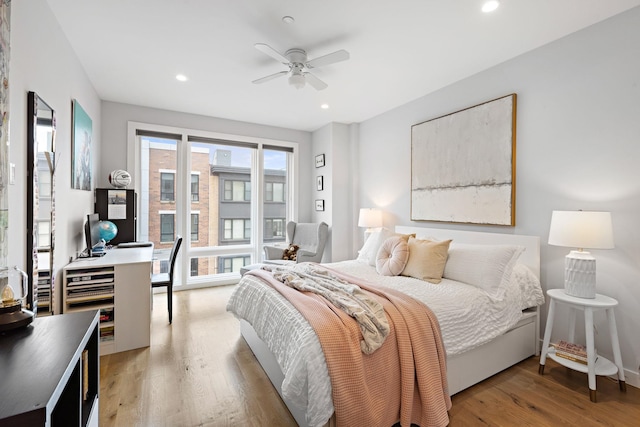 bedroom featuring recessed lighting, light wood-style floors, and ceiling fan