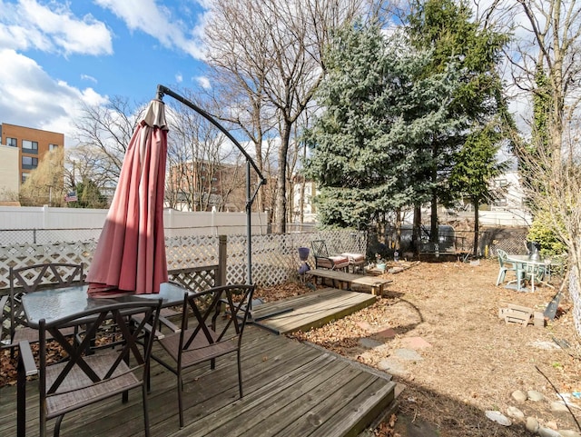 wooden deck featuring outdoor dining space and a fenced backyard