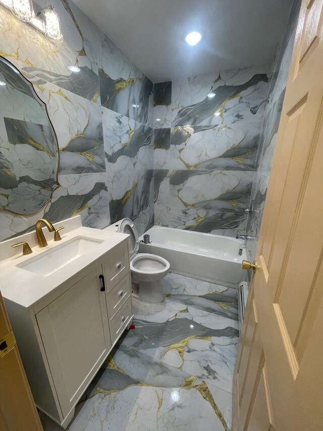 2907 Central Ave, Union City, NJ 07087 - full bathroom featuring vanity, marble tiled flooring, shower / washtub combination, stone wall, and recessed lighting