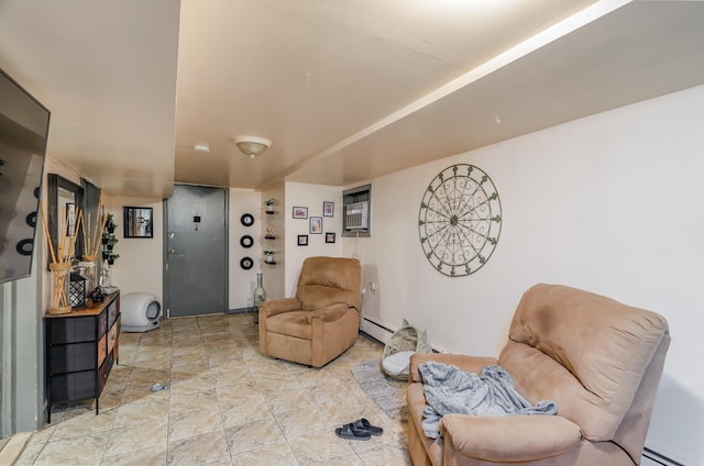 living area with a wall mounted AC and a baseboard radiator