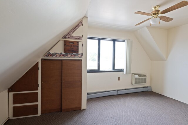 71 W 17th St, Bayonne, NJ 07002 - additional living space with carpet, a baseboard heating unit, vaulted ceiling, ceiling fan, and a wall unit AC