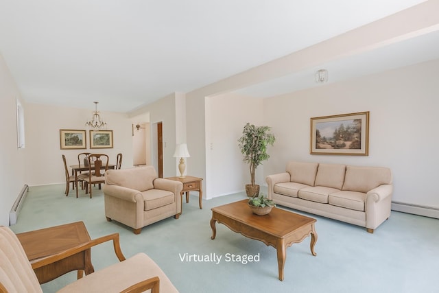71 W 17th St, Bayonne, NJ 07002 - living area featuring a baseboard heating unit, light carpet, and a chandelier