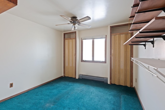 71 W 17th St, Bayonne, NJ 07002 - walk in closet featuring a baseboard radiator, dark colored carpet, and a ceiling fan