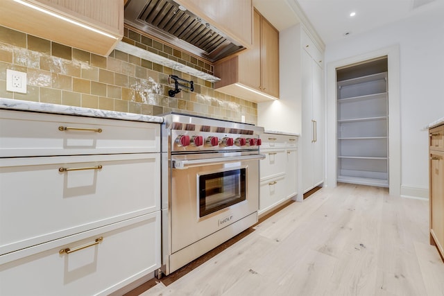 kitchen with tasteful backsplash, premium range hood, designer range, light wood-style flooring, and light stone counters