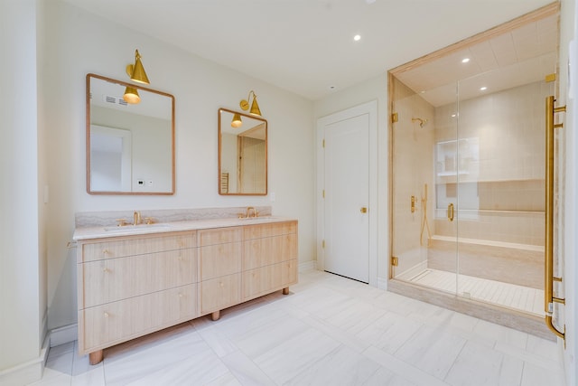 full bathroom featuring visible vents, recessed lighting, a sink, a stall shower, and double vanity