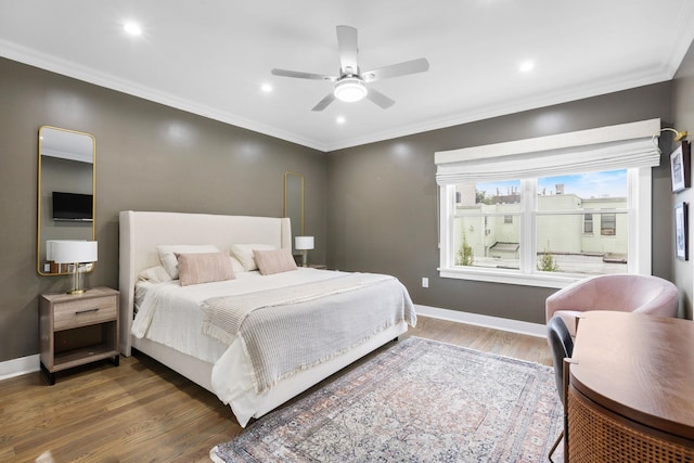 23 Manhattan Ave Unit 1, Jersey City, NJ 07307 - bedroom with wood finished floors, baseboards, ornamental molding, a ceiling fan, and recessed lighting