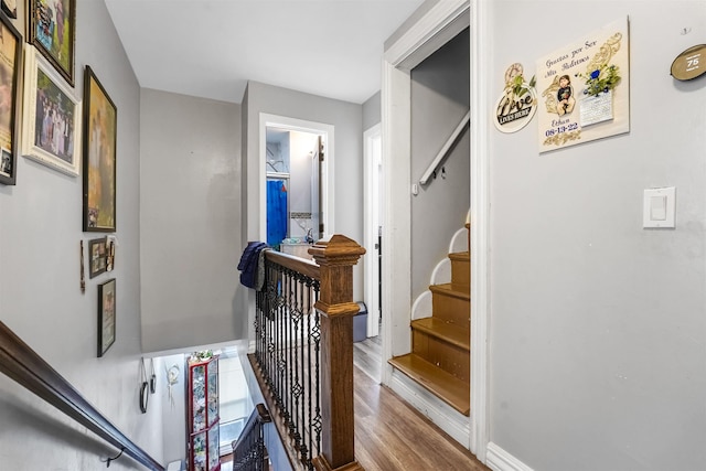 stairs featuring wood finished floors