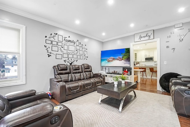 living room featuring crown molding, recessed lighting, and wood finished floors