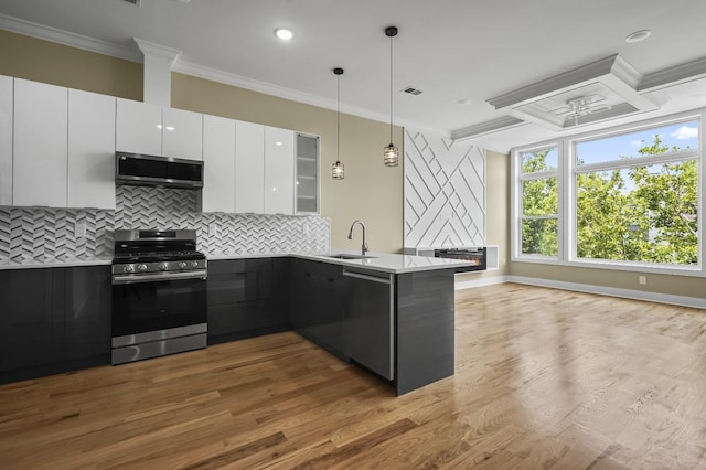 kitchen featuring kitchen peninsula, hanging light fixtures, sink, appliances with stainless steel finishes, and white cabinets