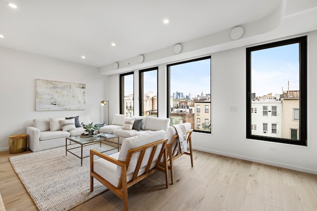 living room with a healthy amount of sunlight and light hardwood / wood-style floors