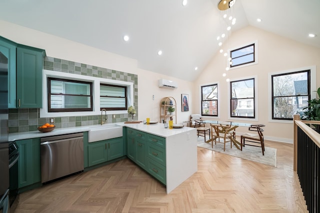247 Harrison Ave Unit 2, Jersey City, NJ 07304 - kitchen with green cabinetry, dishwasher, a sink, light countertops, and high vaulted ceiling