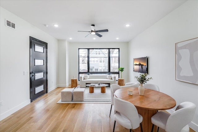 177 Wilkinson Ave Unit 1, Jersey City, NJ 07305 - dining room featuring ceiling fan, light wood-style flooring, visible vents, recessed lighting, and baseboards