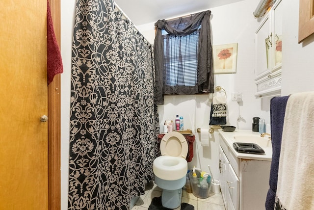 57 Wegman Pkwy, Jersey City, NJ 07305 - bathroom with a shower with shower curtain, toilet, vanity, and tile patterned flooring