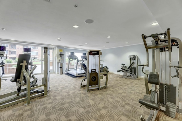 20 Avenue At Port Imperial Unit 425, West New York, NJ 07093 - exercise room featuring healthy amount of natural light, recessed lighting, light carpet, and ornamental molding
