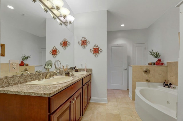 20 Avenue At Port Imperial Unit 425, West New York, NJ 07093 - bathroom featuring double vanity, a jetted tub, recessed lighting, tile patterned flooring, and a chandelier