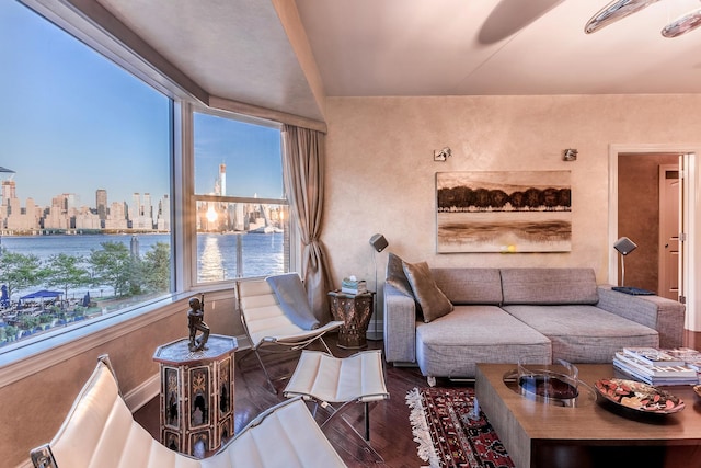 living room with a water view and hardwood / wood-style floors