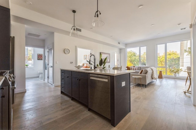 kitchen with sink, hanging light fixtures, light hardwood / wood-style flooring, stainless steel appliances, and a kitchen island with sink