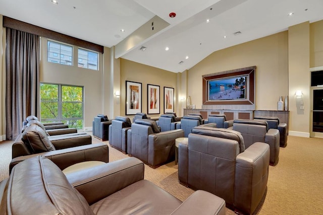 26 Ave At Port Imperial Unit 440, West New York, NJ 07093 - home theater with light carpet, high vaulted ceiling, and recessed lighting