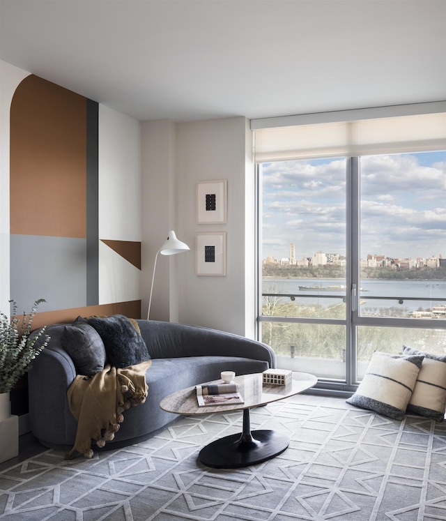 living area featuring a view of city, floor to ceiling windows, and a wealth of natural light