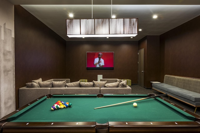 playroom with billiards, carpet, and recessed lighting