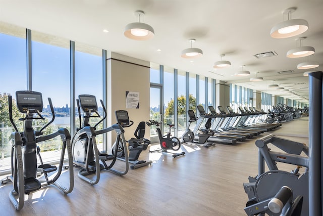 exercise room featuring a wall of windows, wood finished floors, and visible vents