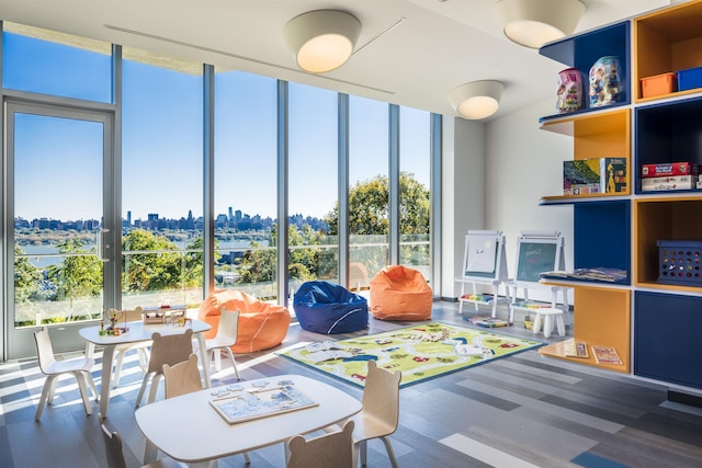 rec room with a city view and wood finished floors