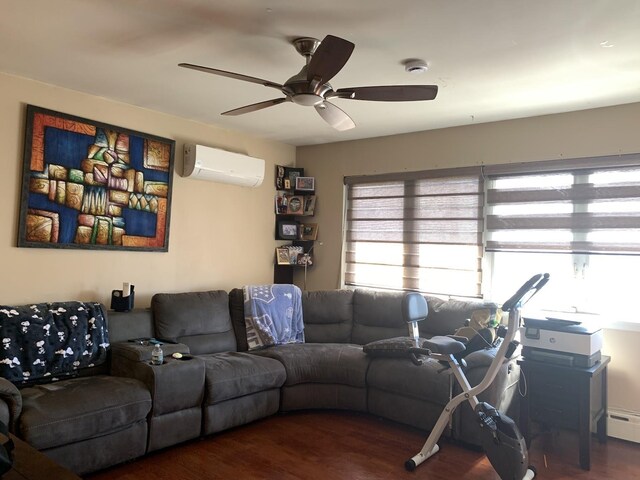 1518 38th St, North Bergen, NJ 07047 - living room featuring a wall mounted AC, a ceiling fan, wood finished floors, and baseboard heating