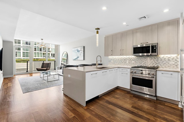 kitchen featuring kitchen peninsula, stainless steel appliances, sink, and dark hardwood / wood-style floors