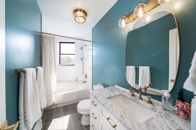 full bath featuring shower / bathtub combination with curtain, toilet, and vanity