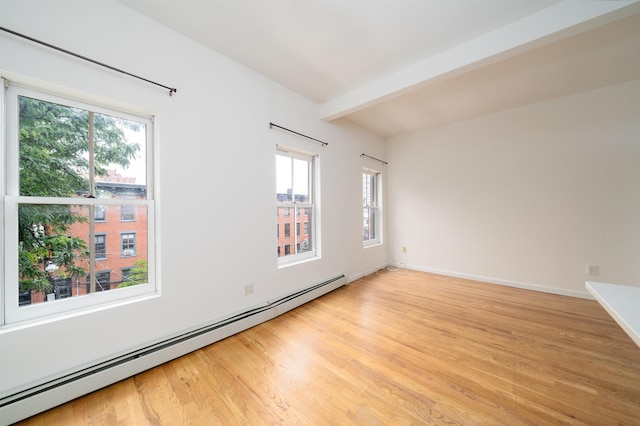 213 8th St, Jersey City, NJ 07302 - spare room featuring a baseboard radiator, beamed ceiling, plenty of natural light, and light wood finished floors
