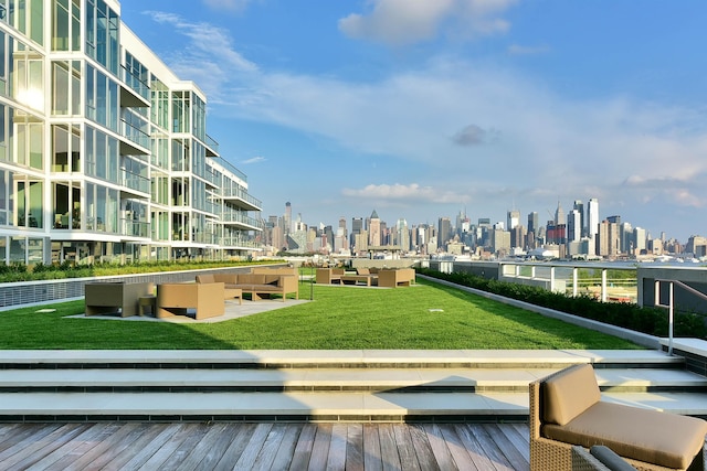 view of community with a view of city and a lawn