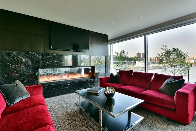 living area featuring a glass covered fireplace