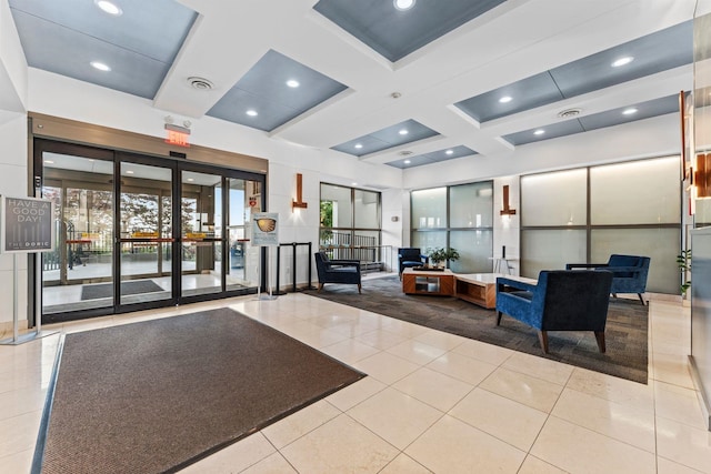 100 Manhattan Ave Unit 1217, Union City, NJ 07087 - building lobby with coffered ceiling, recessed lighting, and beamed ceiling