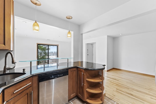 6601 Granton Ave Unit B1, North Bergen, NJ 07047 - kitchen with stainless steel dishwasher, a sink, open shelves, a peninsula, and hanging light fixtures