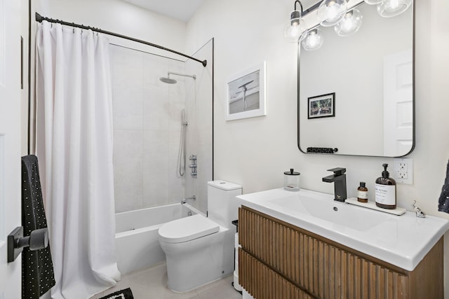 bathroom featuring vanity, tile patterned floors, toilet, and shower / bathtub combination with curtain