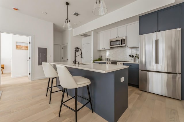 kitchen with visible vents, an island with sink, light countertops, a sink, and stainless steel appliances
