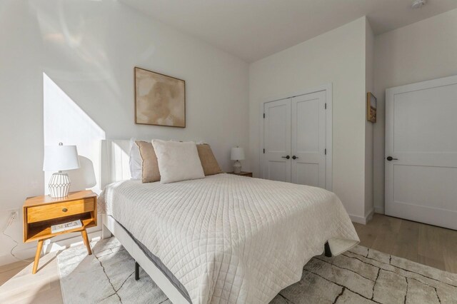 bedroom featuring baseboards, a closet, and wood finished floors
