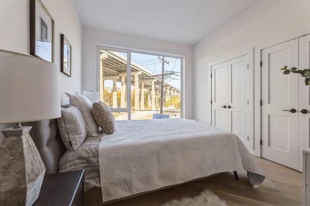 bedroom with wood finished floors and two closets