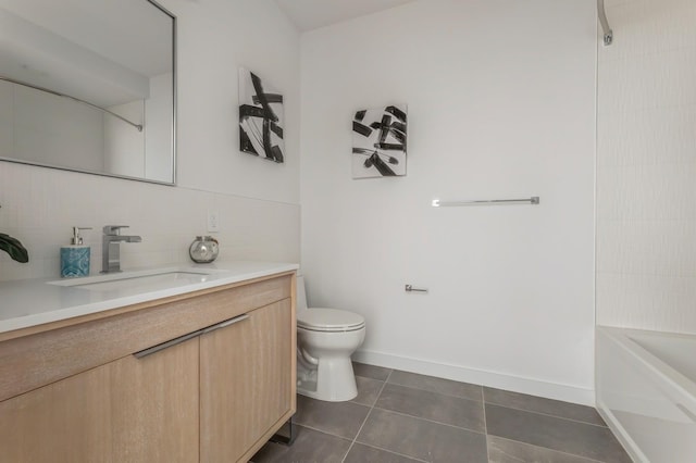 bathroom with tile patterned flooring, decorative backsplash, vanity, tub / shower combination, and toilet