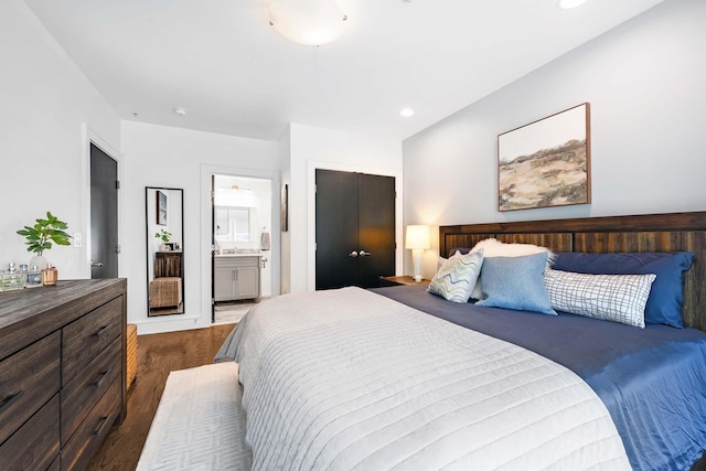 123 Jackson St Unit 4A, Hoboken, NJ 07030 - bedroom with dark wood finished floors, recessed lighting, ensuite bathroom, and a closet