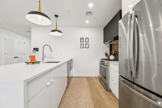 243 3rd St Unit 1, Jersey City, NJ 07302 - kitchen with stainless steel appliances, modern cabinets, light countertops, light wood-type flooring, and a peninsula
