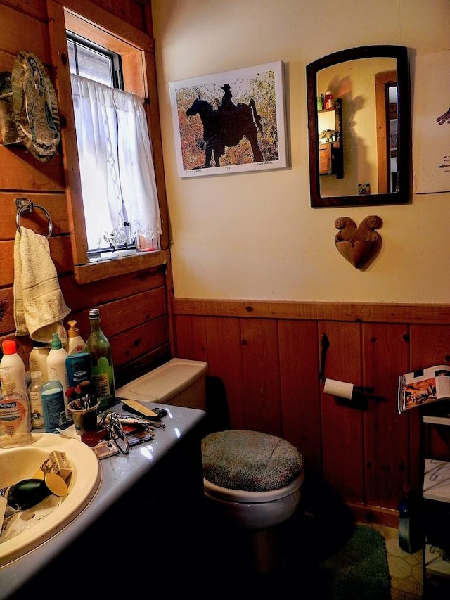 bathroom featuring sink and wood walls