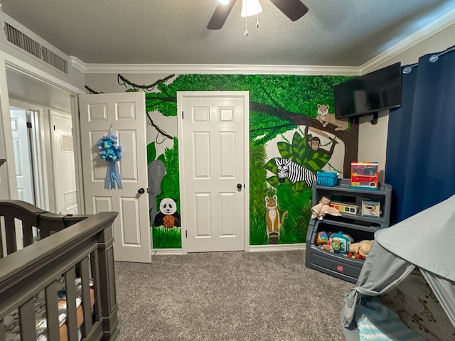 bedroom featuring carpet, a textured ceiling, visible vents, and crown molding