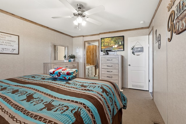 bedroom with carpet floors, crown molding, and ceiling fan