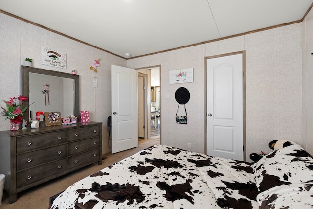 bedroom featuring light carpet and crown molding