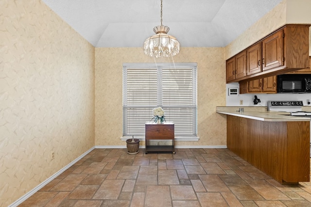 kitchen featuring pendant lighting, a textured ceiling, vaulted ceiling, white electric stove, and kitchen peninsula